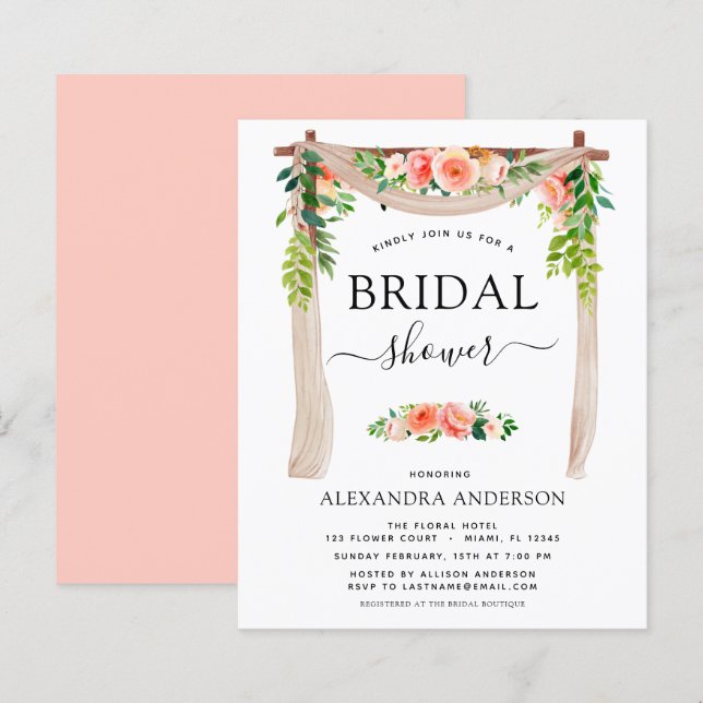 Budget Bridal Shower Coral Peach Floral Invitation (Front/Back)