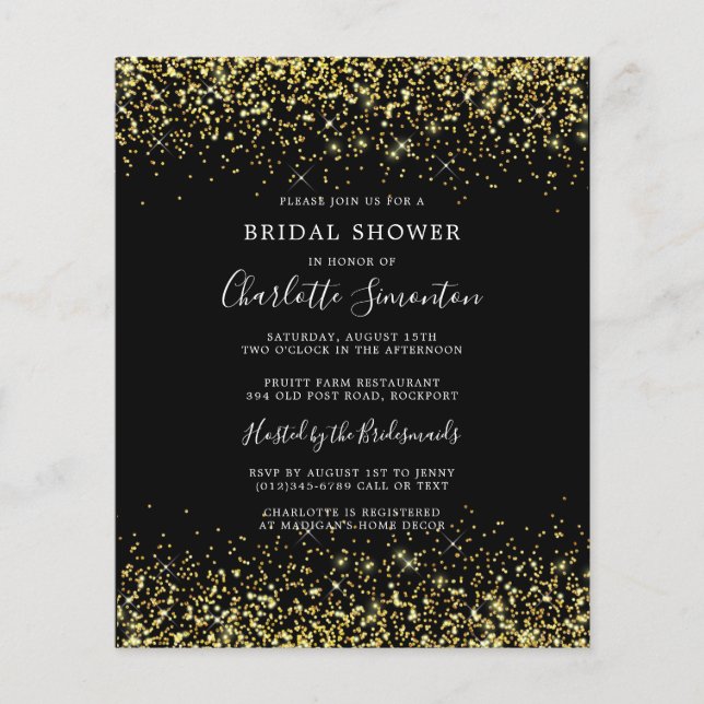 Budget Bridal Shower Glitter Black Gold Girly (Front)