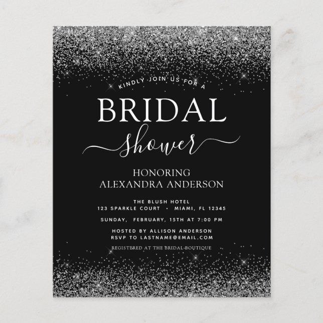 Budget Bridal Shower Glitter Black Silver Flyer (Front)
