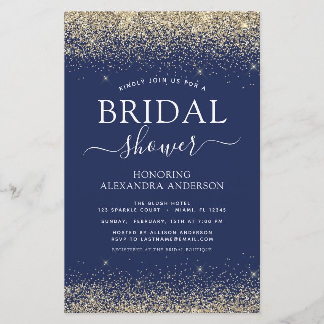 Budget Bridal Shower Glitter Navy Blue Gold Girly (Front)