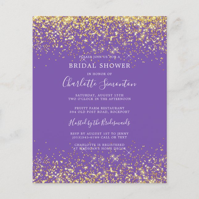 Budget Bridal Shower Gold Purple Invitation (Front)