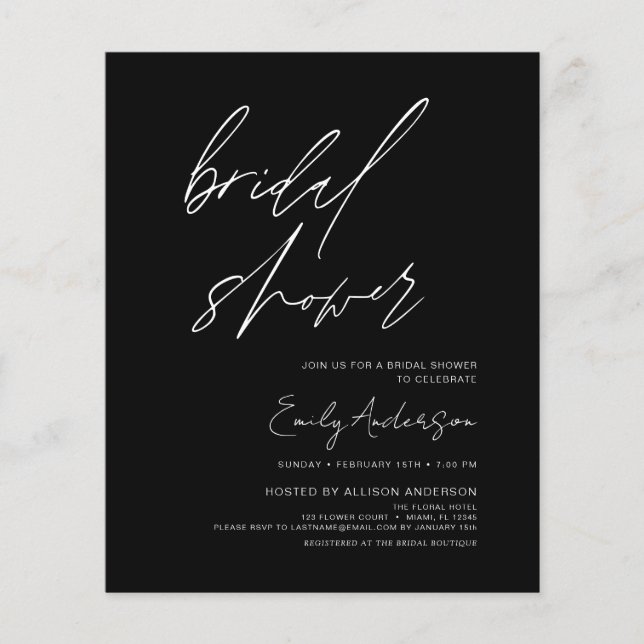 Budget Bridal Shower Handwritten Script Minimalist Flyer (Front)