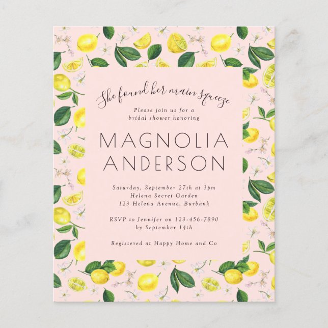 BUDGET Bridal Shower Invitation | Pink Lemon (Front)