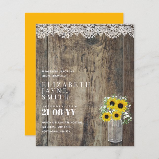 BUDGET Bridal Shower Invite Rustic Sunflowers (Front/Back)