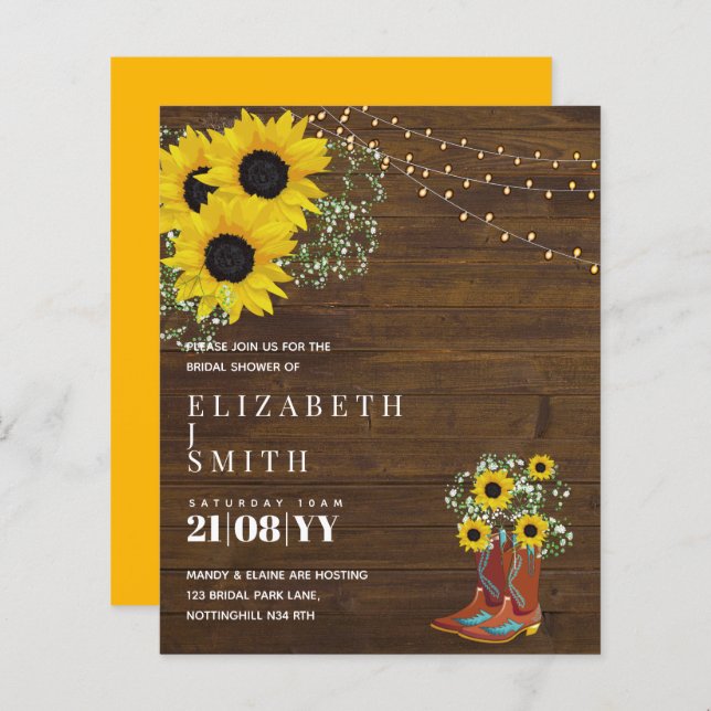 BUDGET Bridal Shower Invite Rustic Sunflowers (Front/Back)