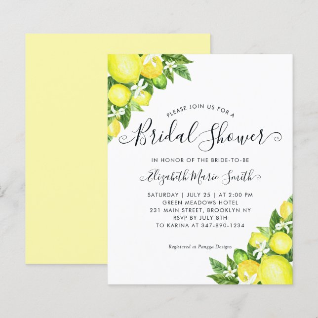 Budget Bridal Shower Lemon Citrus Chic Invitation (Front/Back)