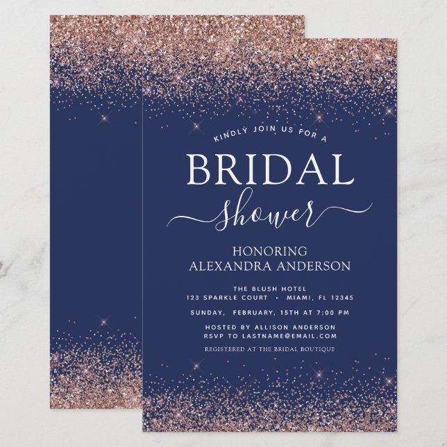 Budget Bridal Shower Navy Blue Rose Gold Glitter (Front/Back)
