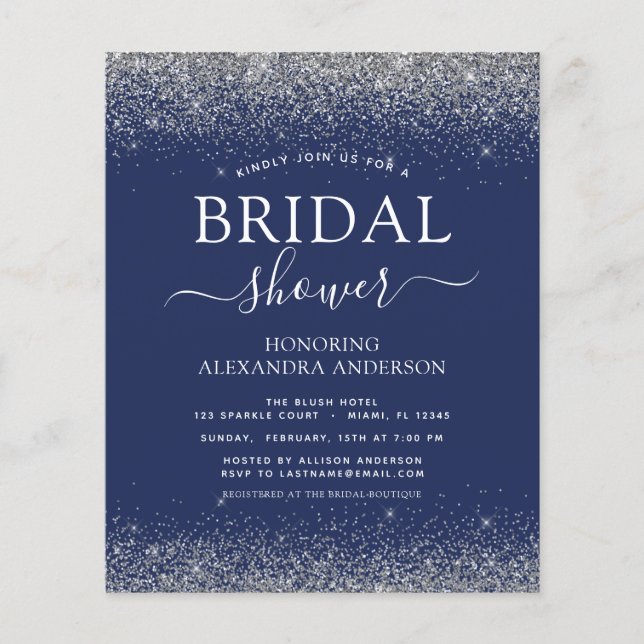 Budget Bridal Shower Navy Blue Silver Glitter Flyer (Front)