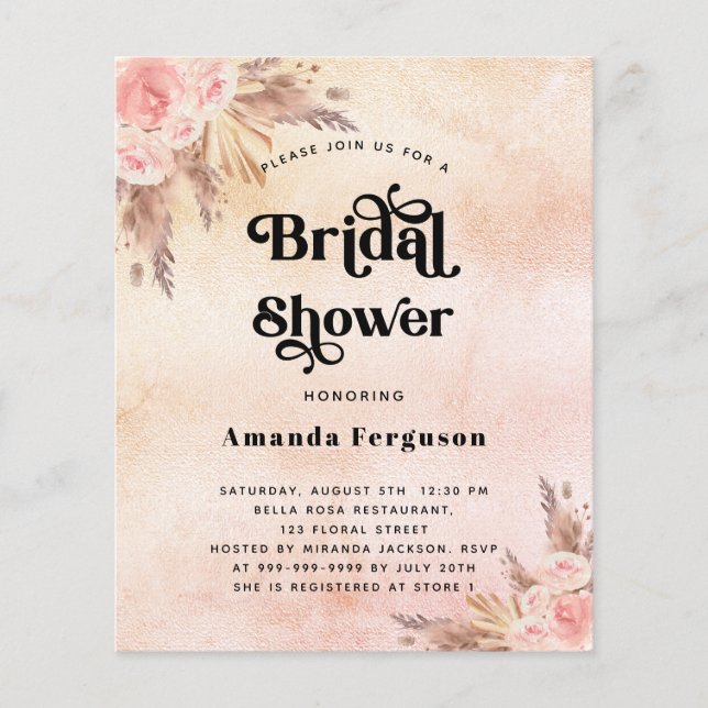 Budget Bridal Shower pampas grass blush invitation (Front)