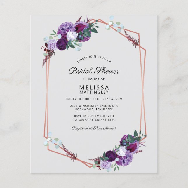 Budget Bridal Shower Purple Floral Script Modern (Front)