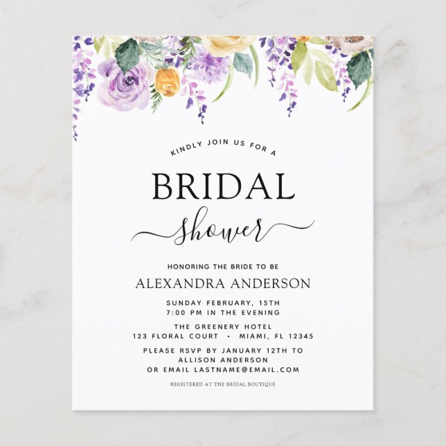 Budget Bridal Shower Purple Greenery Botanical Flyer (Front)