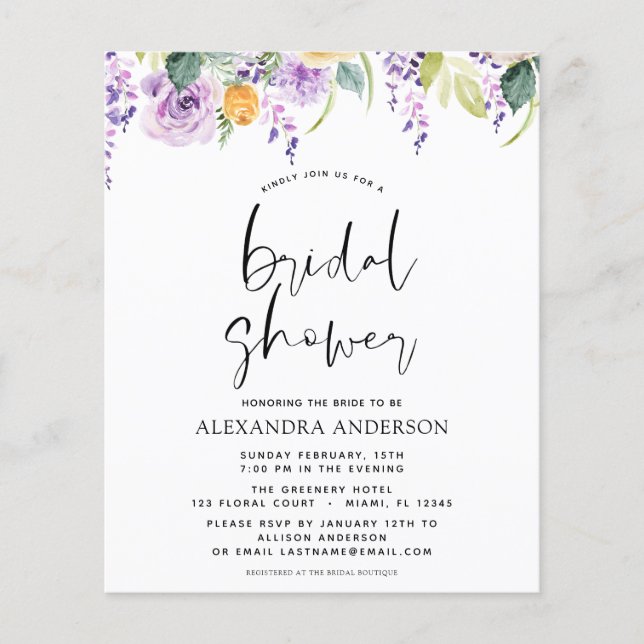 Budget Bridal Shower Purple Greenery Botanical Flyer (Front)