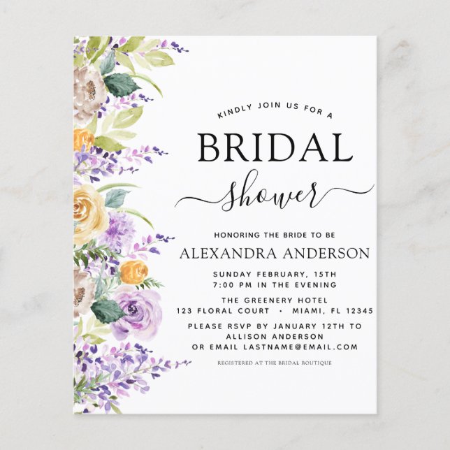 Budget Bridal Shower Purple Greenery Invitation Flyer (Front)