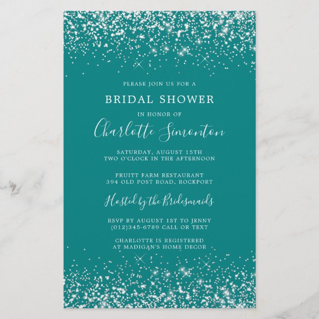 Budget Bridal Shower Teal Silver Invitation (Front)