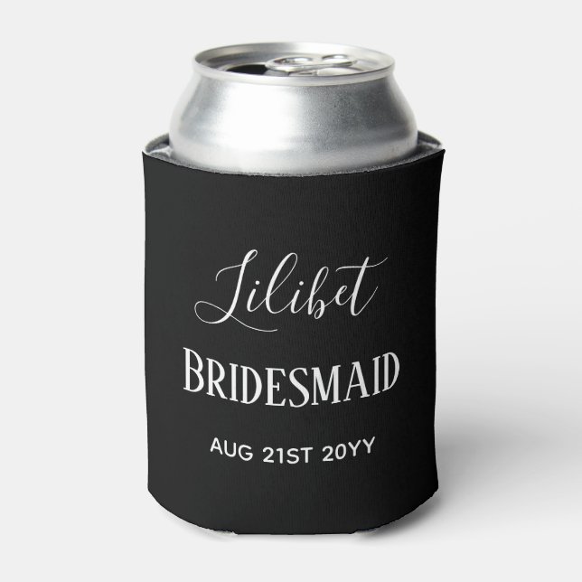 BUDGET Bridesmaid Bridal Party Gifts Black White Can Cooler (Can Front)