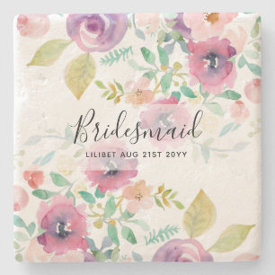 BUDGET Bridesmaid Bridal Party Gifts Pink Floral Stone Coaster