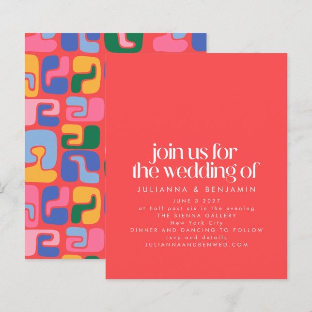 Budget Bright Red Retro Abstract Wedding Invite (Front/Back)