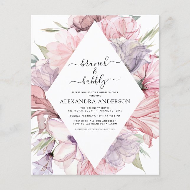 Budget Brunch & Bubbly Boho Purple Bridal Shower Flyer (Front)