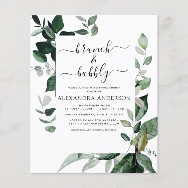 Budget Brunch & Bubbly Bridal Shower Greenery Flyer (Front)