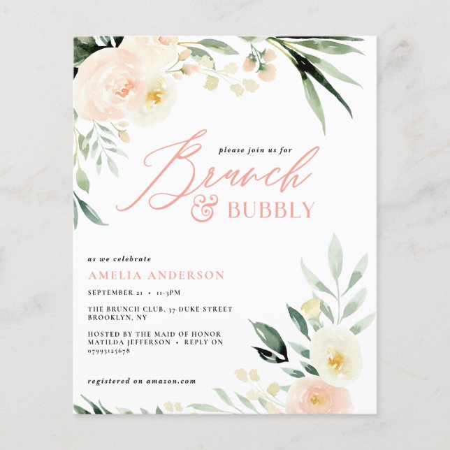 budget Brunch & bubbly green peach watercolor  Flyer (Front)