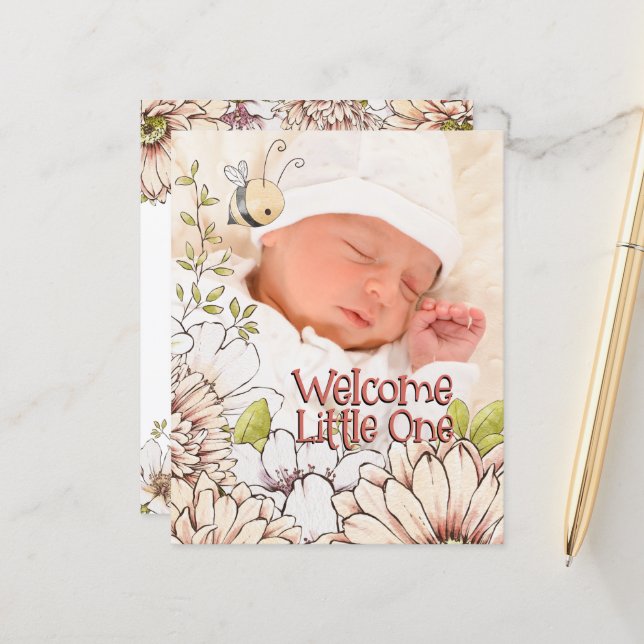 Budget Bumblebee Baby Photo Birth Announcement (Front/Back In Situ)