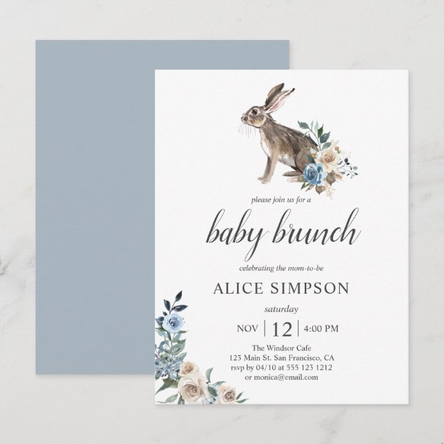 Budget Bunny Boho Dusty Blue Flower Baby Shower In Invitation Postcard (Front/Back)