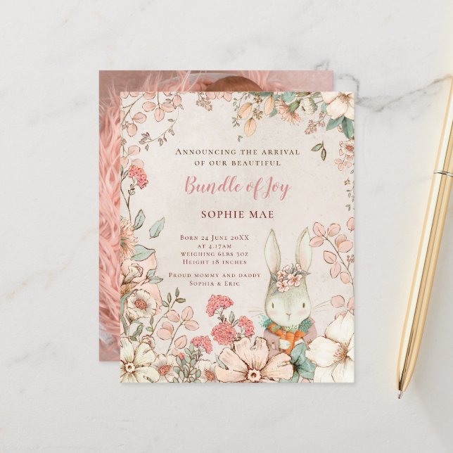 Budget Bunny Florals Photo Girl Birth Announcement (Front/Back In Situ)