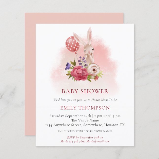 Budget Bunny Florals Pink Baby Shower Invitation (Front/Back)
