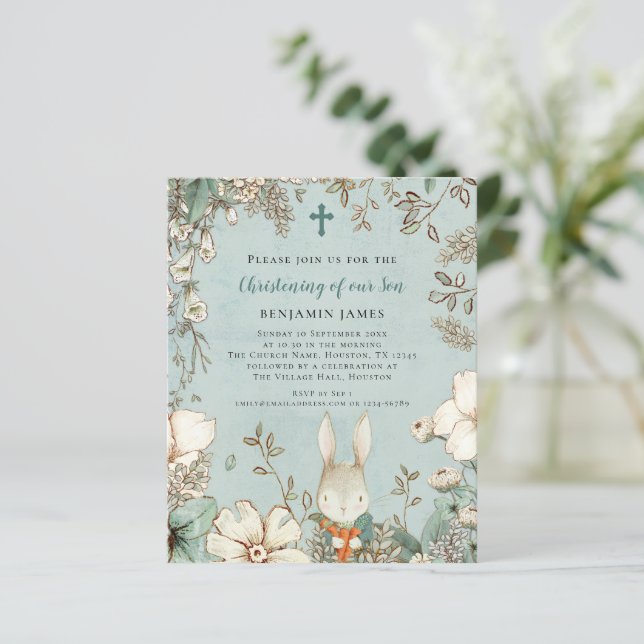 Budget Bunny Photo Boy Christening Baptism Invite (Standing Front)