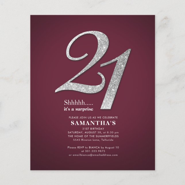 Budget Burgundy 21st Birthday Sliver Glitter Glam (Front)