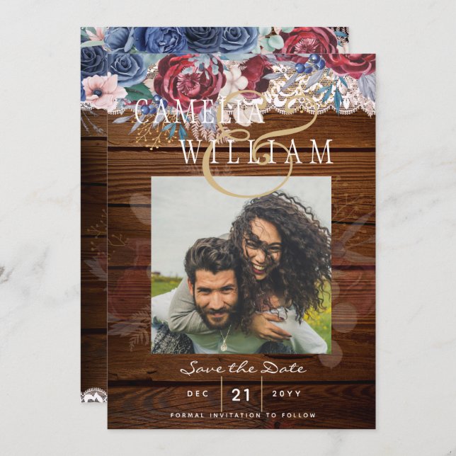 Budget Burgundy Blue Floral Lace Wedding SAVE DATE Invitation (Front/Back)