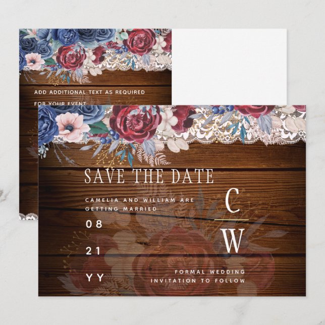 Budget Burgundy Blue Floral Lace Wedding SAVE DATE Save The Date (Front/Back)