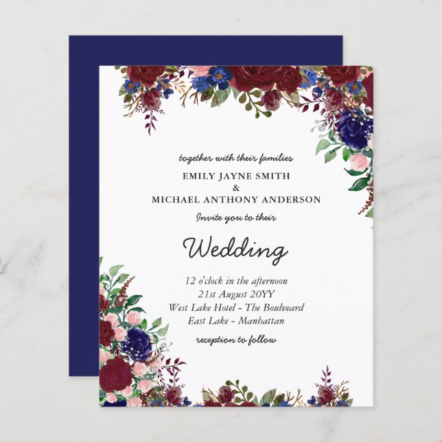 Budget Burgundy Blue Floral Wedding Invites (Front/Back)