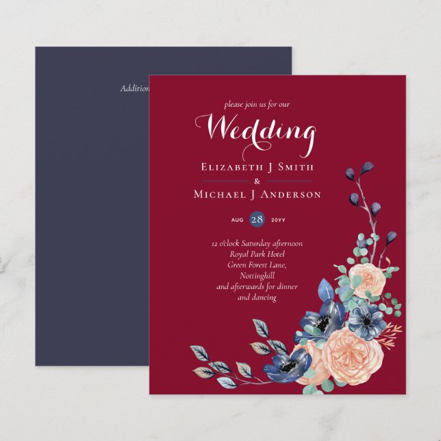 Budget Burgundy Blue Peach Floral Wedding (Front/Back)