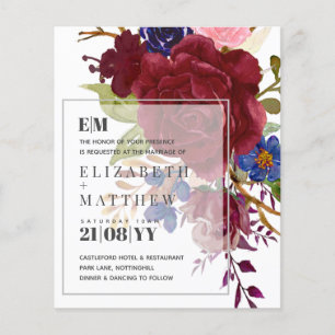 Budget Burgundy Blue Rose Floral Wedding Invites