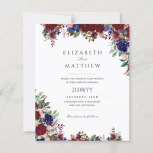 Budget Burgundy Blue Roses Floral Wedding Invites