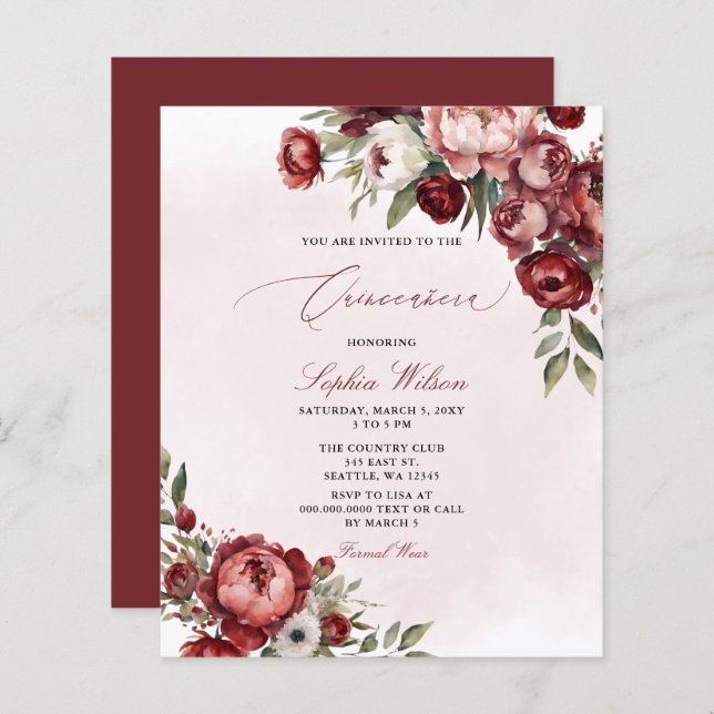 Budget Burgundy Blush Floral Quinceañera Invite (Front/Back)