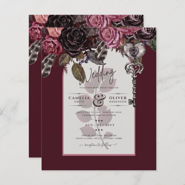 Budget Burgundy Blush Floral Wedding Invite SATIN (Front/Back)