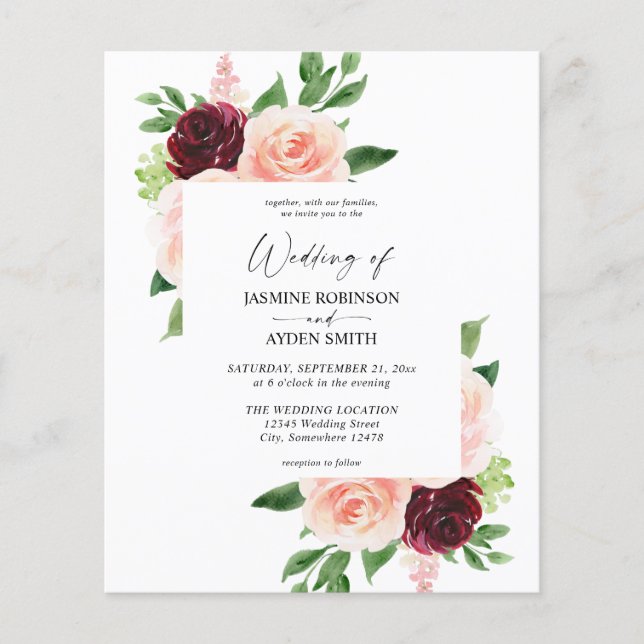 Budget Burgundy & Blush Pink 4 Floral Wedding (Front)