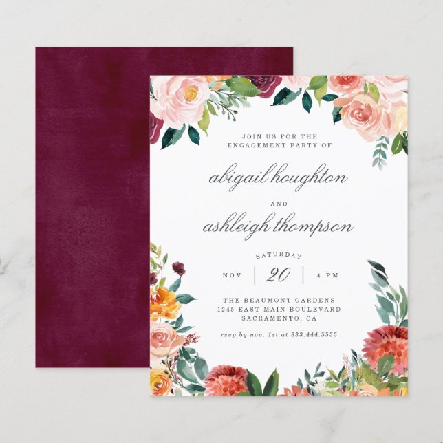 Budget Burgundy Blush Pink Floral Engagement Party (Front/Back)