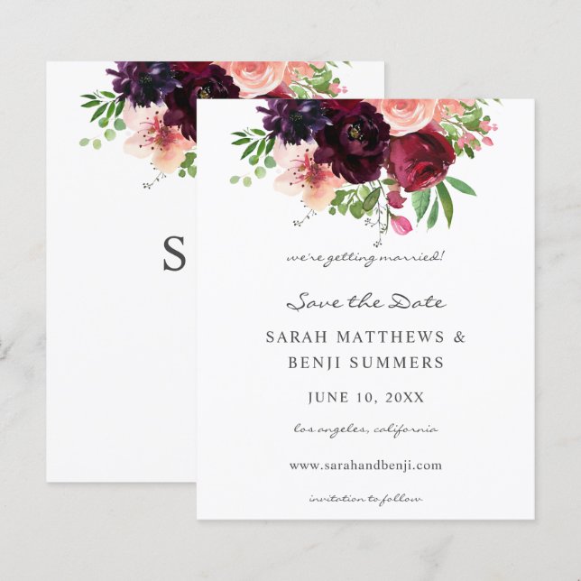 Budget Burgundy &Blush Pink Floral Save the Date 2 (Front/Back)