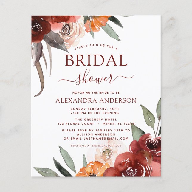 Budget Burgundy Bridal Shower Autumn Floral Flyer (Front)