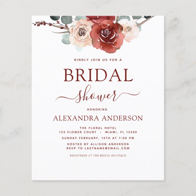 Budget Burgundy Eucalyptus Bridal Shower Fall Flyer (Front)