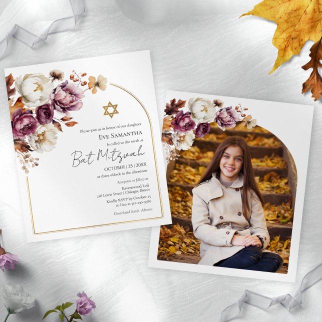 Budget Burgundy Fall Bat Mitzvah Photo Invitations (Creator Uploaded)
