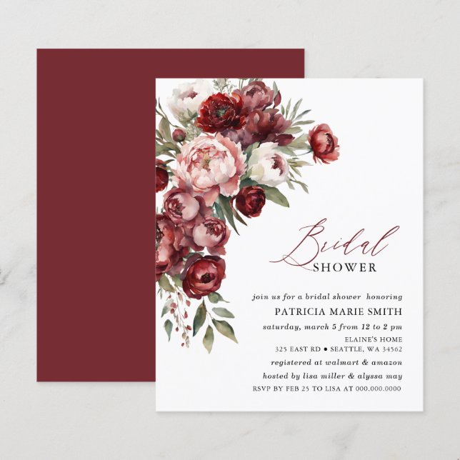 Budget Burgundy Floral Bridal Shower Invitations (Front/Back)