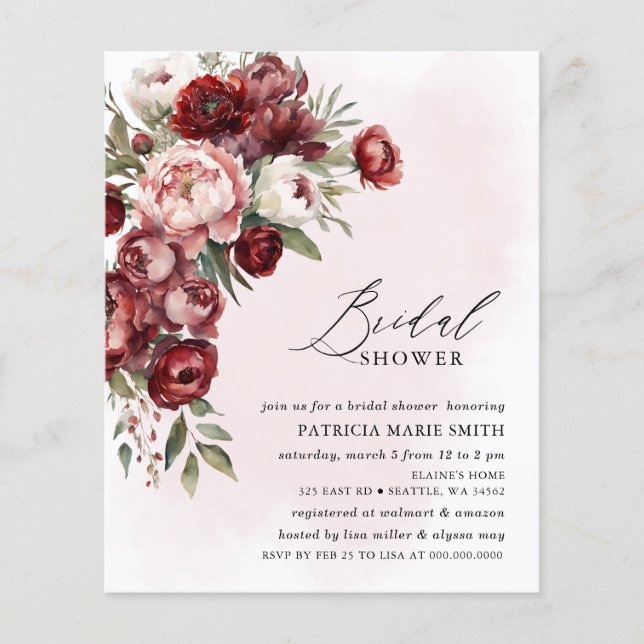 Budget Burgundy Floral Bridal Shower Invitations (Front)