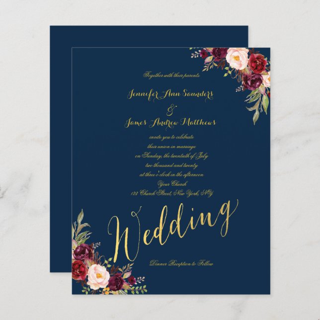Budget Burgundy Floral Gold Blue Wedding Invite (Front/Back)
