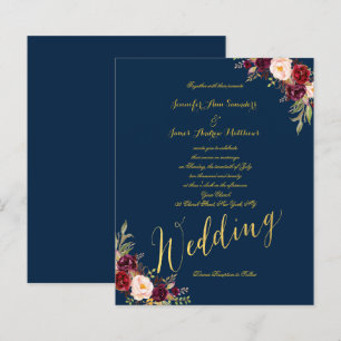 Budget Burgundy Floral Gold Blue Wedding Invite