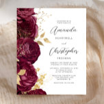 Budget Burgundy Floral Gold Script Wedding Invite<br><div class="desc">The left-hand edge of this elegant wedding invitation features a burgundy floral border trimmed with gold faux foil and glitter leaves. The customizable text combines charcoal grey vintage-inspired script and sans serif fonts on a white background. The reverse side features a matching floral design.</div>