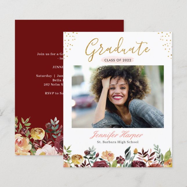 Budget Burgundy Floral Graduation Announcement (Front/Back)